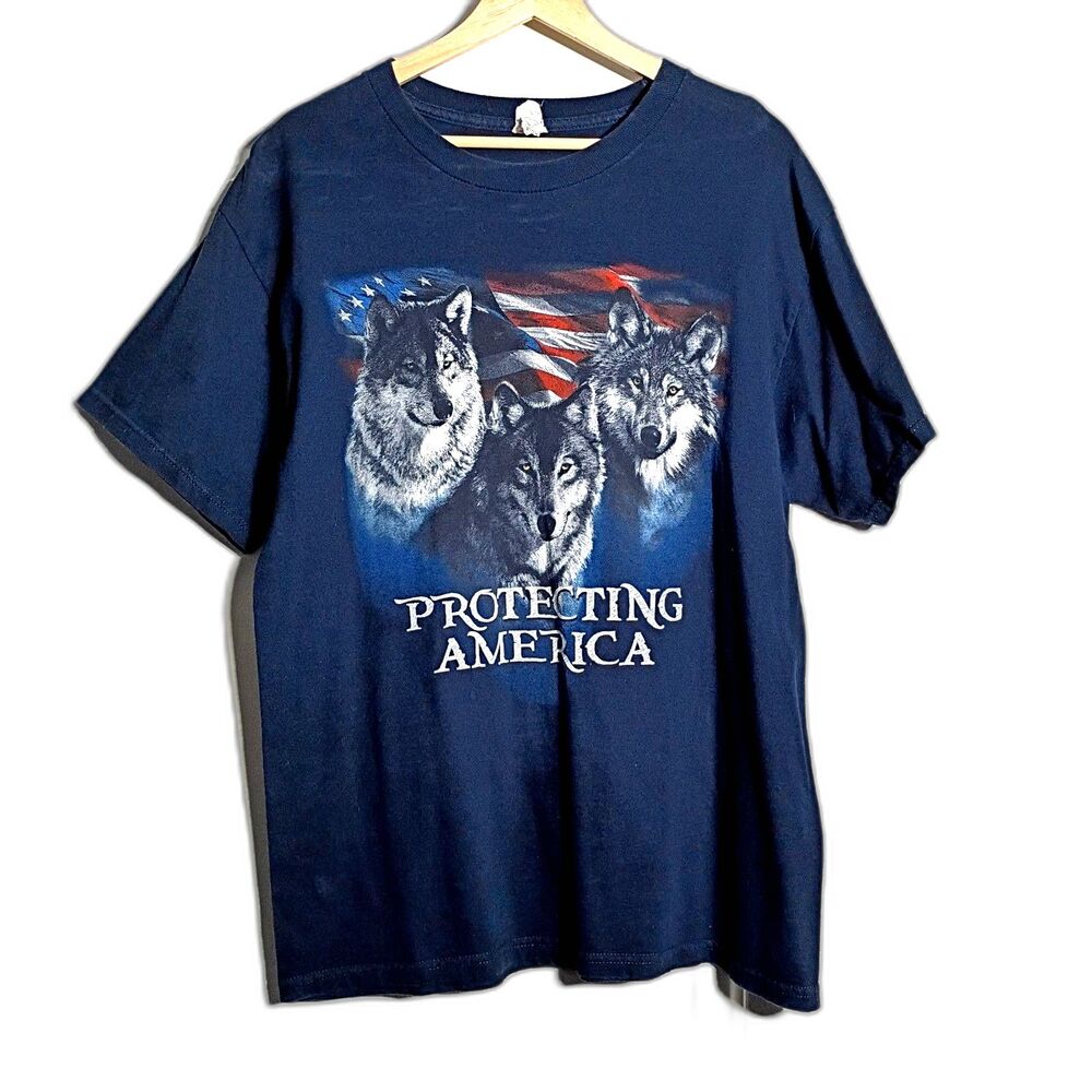 Protecting America Wolf T Shirt Vintage Alstyle 3 Wolves American Flag L